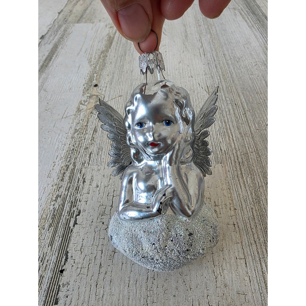 Vintage West Germany Angel cherub silver ornament foil‎ wings Xmas tree as is